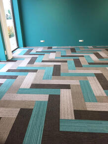 Create your own mix, this customer has created this mix in our shop, using 4 different carpet tiles.Embodied Beauty Zen Stitch Jet  Nickel
Embodied Beauty Zen Stitch Ash
Random Quickchange Expired Grey
On Line Planks Teal Aqua