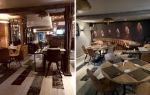 Image of a restaurant with the Shades of Brown planks.
Planks are carpet tiles in the format 25x100cm.
Shuffle It Skinny Planks by Interface Shades of Brown